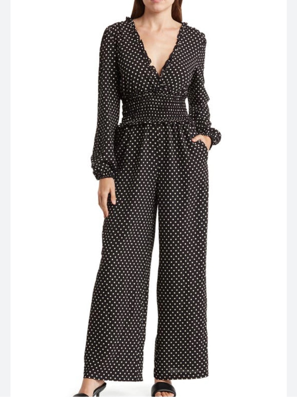 Max Studio Black White Polka Dot Smocked-Waist Jumpsuit